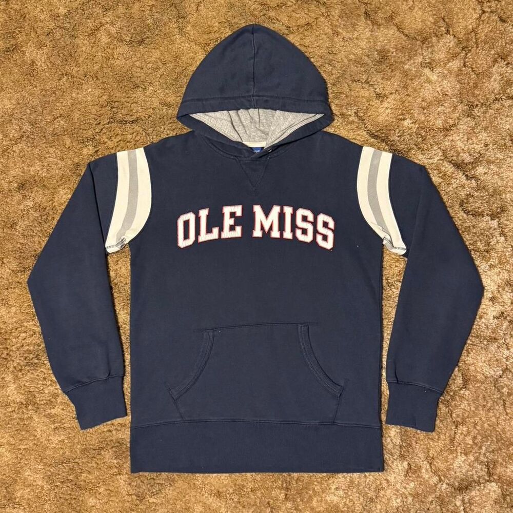 Vintage Champion Ole Miss Rebels NCAA Hoodie Navy Striped Sleeve Small